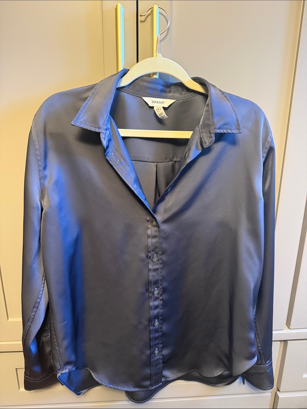 NWOT,  Spanx women’s Satin Button-Up Shirt - Slate Blue
